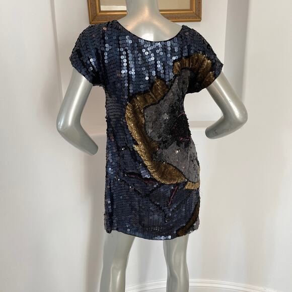 French Connection Navy Blue Gold Sequin Shift Mini Dress Cocktail Party Size 2 - Picture 12 of 15